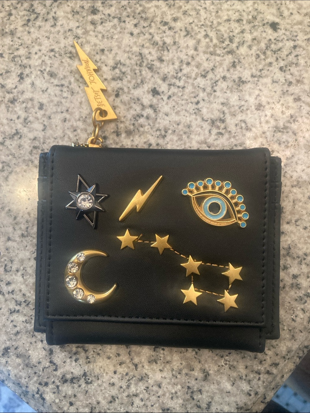 Betsey Johnson Black Wallet with Gold Celestial and Eye Embellishments